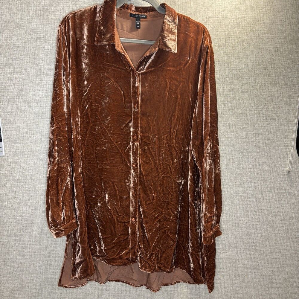 EILEEN FISHER Silk Velvet Classic Collar Button Up/Down  'Spice' Size Large